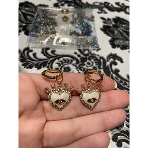 Melania Clara gold white heart with crown enamel - evil eye with pave earrings